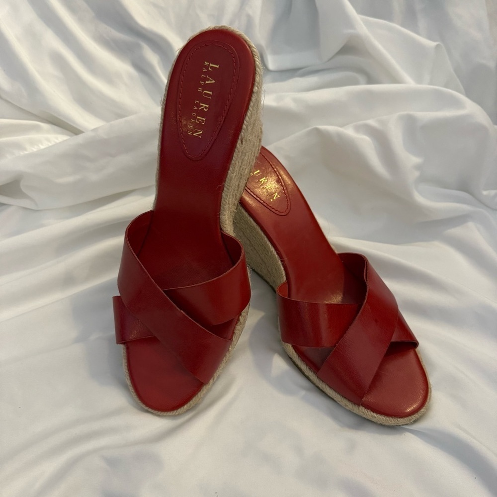 NWOT Lauren Ralph Lauren Leather Crisscross Espadrille Wedge Heeled Sandals